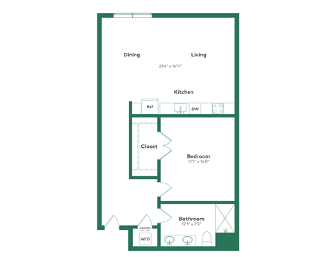 Floor plan for 1 bed, 1 bath, 928 sqft